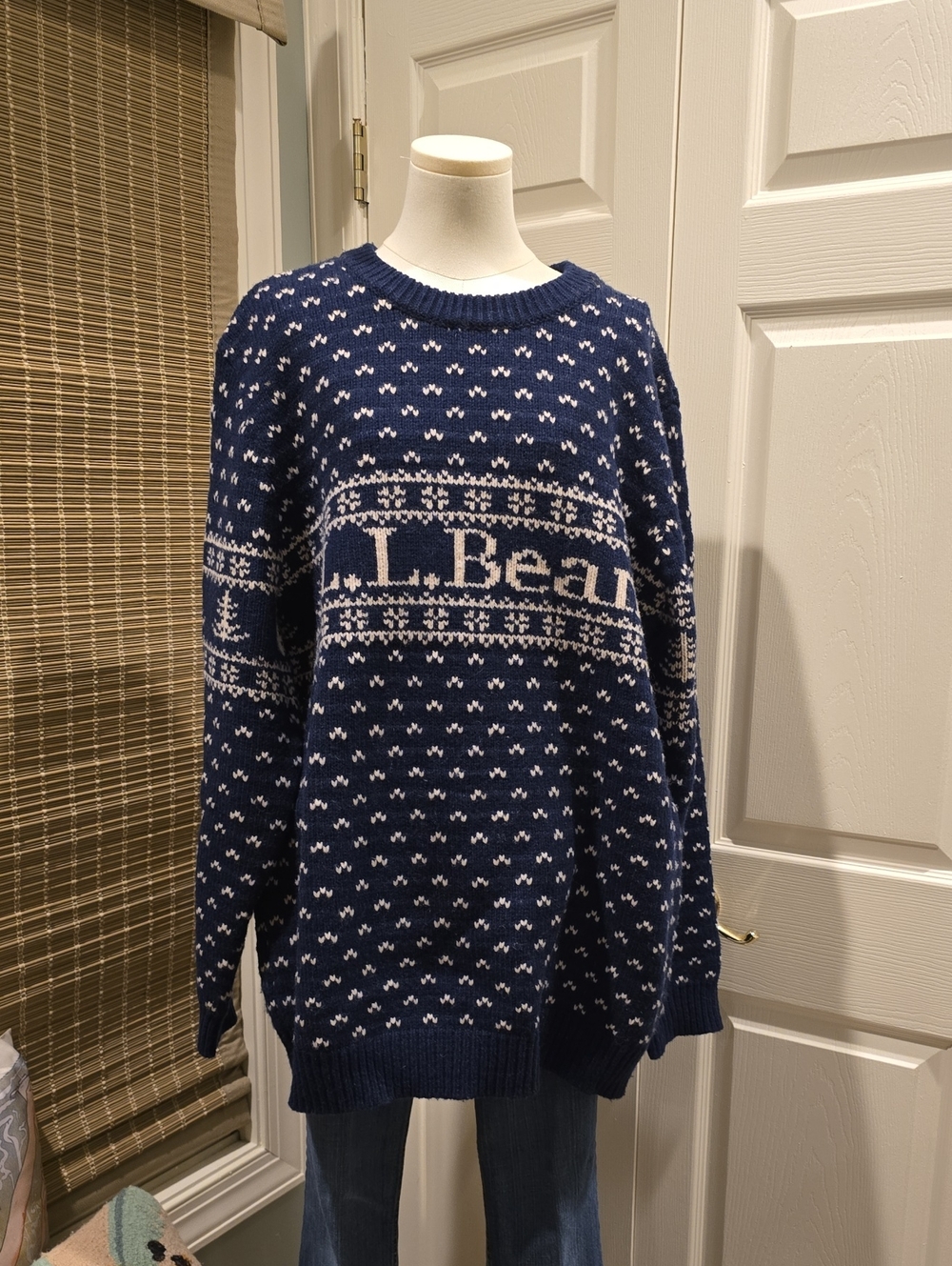 L.L. Bean Men’s Navy and White Fair Isle Crewneck Sweater